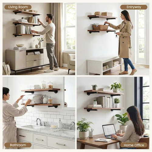 Vista 6 de Soportes industriales de tubo de hierro negro para estantes de montaje en pared, soportes para estanterías de bricolaje, decoración de tubería