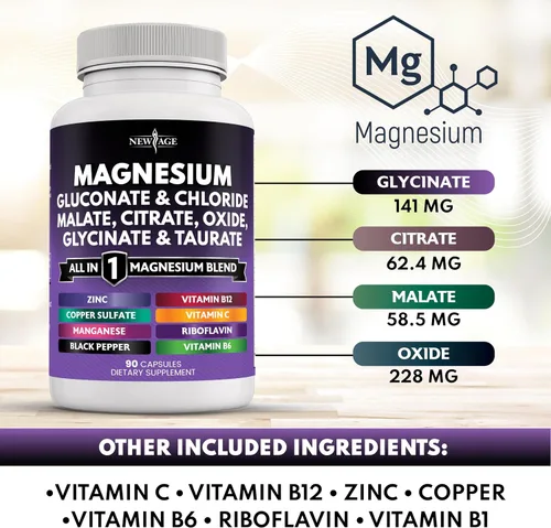 Vista 3 de NEW AGE Suplemento de magnesio - Potente citrato de glicinato óxido de malato, taurato, aspartato, gluconato, orotato y cloruro de mag, manganeso