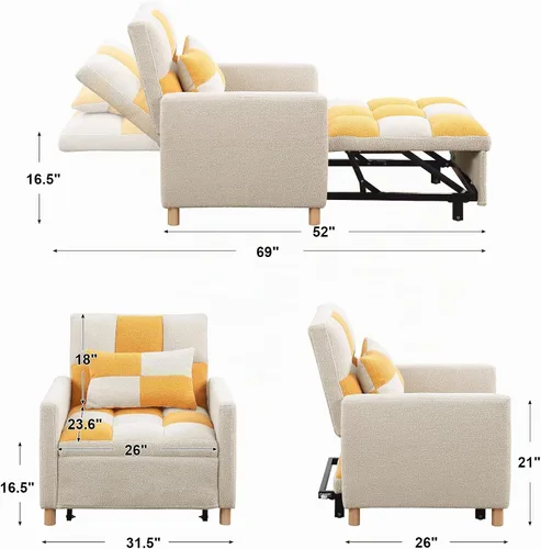 Vista 3 de Silla Cama Convertible, Sillón Sofá 3 en 1 Cama Futón Desplegable para Espacios Pequeños, Tela Teddy Suave, Marco de Metal Resistente, Amarillo