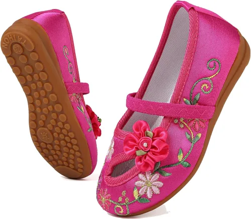 Vista 6 de Encanto - Zapatos de disfraz de Mary-Jane, zapatos planos de punta redonda, cuña baja, zapatos de ballet con bordado floral para niñas, Halloween