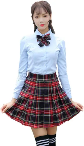 Vista 8 de Faldas plisadas a cuadros de cintura alta para mujeres y niñas, talla grande, uniforme escolar, mini disfraces de cosplay