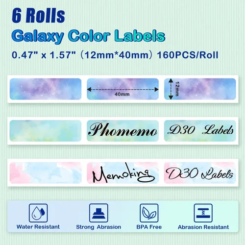Vista 2 de Color D30 Label Maker Tape - D30 Labels 12x40mm - Starry Sky/0.47x1.57 Compatible with Phomemo D30 Labels Tape - 160PCS/Roll, 6 Rolls Color Label