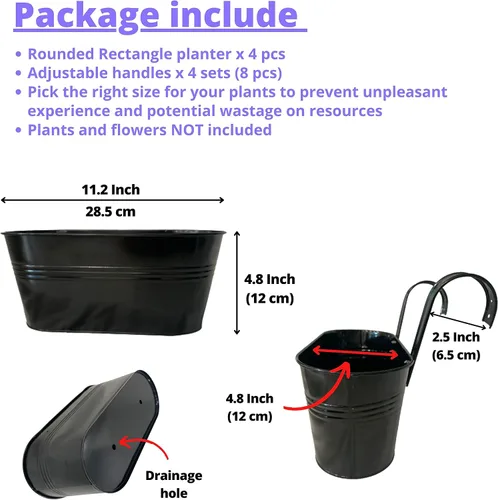Vista 2 de LaLaGreen Macetas Colgantes para Barandilla Exterior para Plantas (Paquete de 4, 11.2 Pulgadas) Macetas Colgantes de Flores de Hierro Metal Negro
