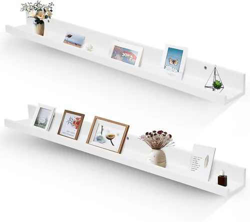 Vista 10 de Muzilife Estantes Flotantes de Pared Pequeños de 12" con Borde - Juego de 2 Estantes Flotantes de Madera - Repisa Negra Montada en Pared