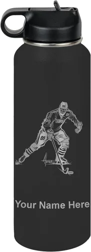 Vista 21 de LaserGram Botella de agua personalizada, jugador de hockey, acero inoxidable de doble pared aislada al vacío con popote superior, regalo grabado