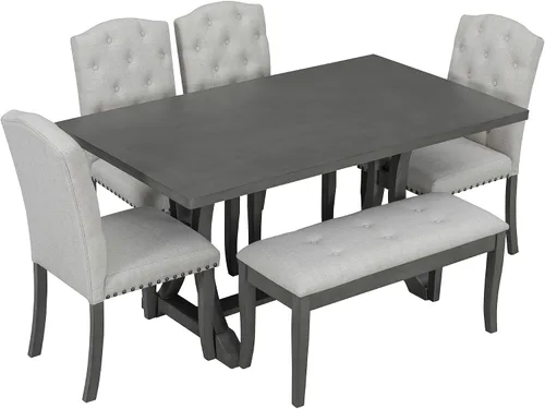 Vista 4 de Merax Juego de mesa de comedor de granja de 6 piezas con banco y sillas tapizadas, juego de mesa rectangular para 4-6, muebles de cocina y comedor