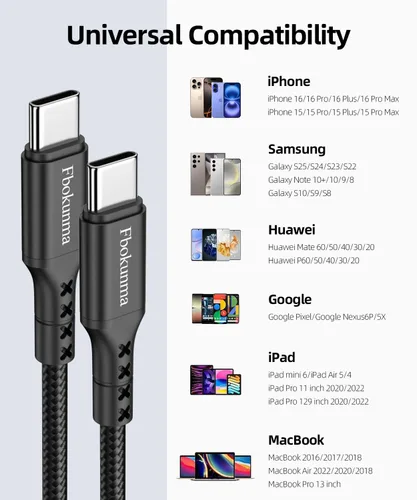 Vista 6 de Cable USB C a USB C de 1.6 pies, paquete de 3 cables USBC a USBC de 65 W, cable de carga tipo C a C de 20 pulgadas, carga rápida para iPhone 16 15