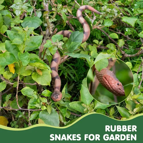 Vista 7 de 2 serpientes falsas realistas para jardín, mantienen alejados a pájaros y ardillas, juguete de serpiente de cascabel, accesorio de broma