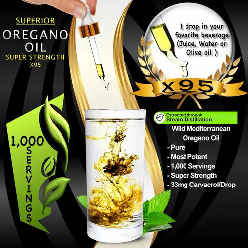 Vista 2 de Gotas de aceite de orégano orgánico – 1,000 porciones, suministro para 12 meses, aceite silvestre de orégano 9X Carvacrol, apoyo inmunológico