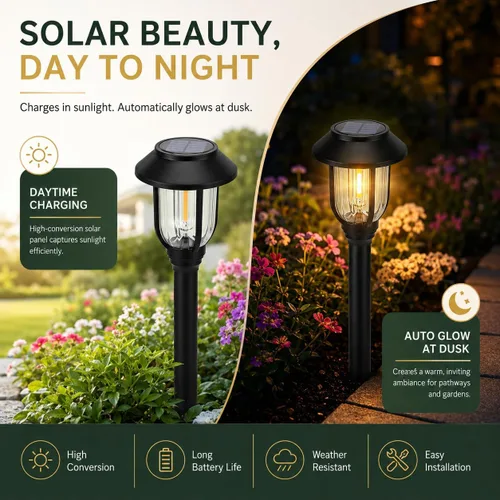 Vista 2 de ILANCK Luces solares para caminos al aire libre, paquete de 12 luces solares para exteriores, impermeables, blanco cálido, encendido y apagado