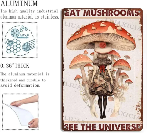 Vista 5 de Letrero retro de hojalata con texto en inglés "Eat Mushrooms See The Universe for Kitchen Bar Garage Decor 8.00"x12.00