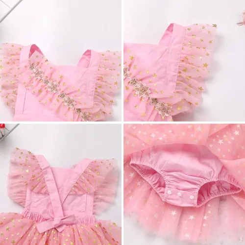 Vista 5 de Traje de bebé recién nacida para el primer cumpleaños, vestido de príncipes, diadema de encaje, volantes, estrellas brillantes, para sesión de fotos
