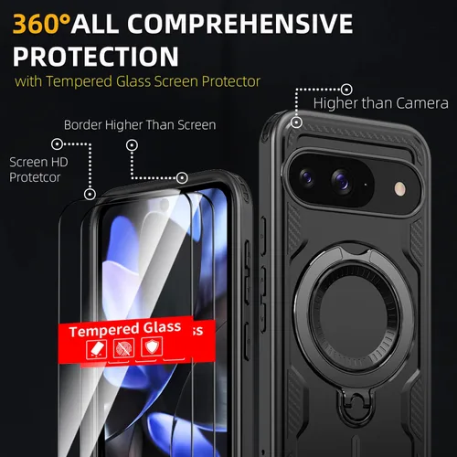 Vista 3 de Funda magnética para Google Pixel 9 Pro XL compatible con cargador inalámbrico MagSafe, para Pixel 9 Pro XL con soporte de 360° + 2 protectores