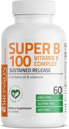 Vista 5 de Bronson Super B100 Complejo de Vitamina B de liberación sostenida contiene todas las vitaminas B (vitamina B1, B2, B3, B6, B9 - ácido fólico, B12)