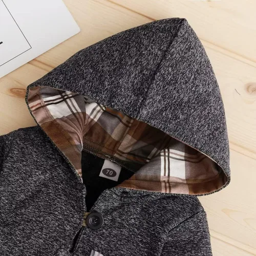Vista 5 de Ropa de bebé para niños pequeños, traje de otoño e invierno, manga larga, bolsillo a cuadros, sudadera con capucha + pantalones, 2 piezas