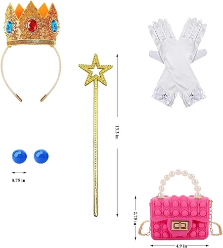 Vista 3 de Popuid Girls Princess Peach Costume Dress with Crown Gloves Wand Handbag, Funny Kids Super Bros Theme Party Halloween Outfits