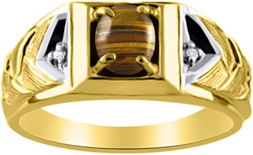 Vista 2 de Rylos Anillos para hombre, oro blanco de 14 quilates, anillo de diamante y ojo de tigre de 0.276 x 0.197in, anillos de piedras preciosas