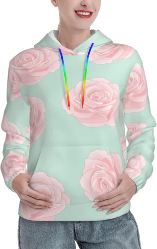 Vista 2 de BcoDoN Womens Pink Rose On Green Hoodies Sweatshirt Hooded Pullover Tops For Ladies