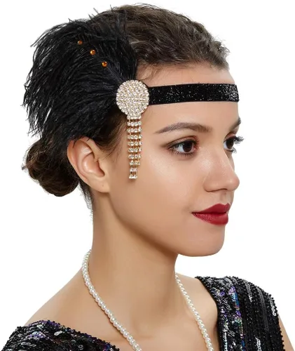 Vista 18 de Roaring 20s Great Gatsby - Diadema estilo flapper para mujer, estilo Art Deco de los años 20, con plumas A azul
