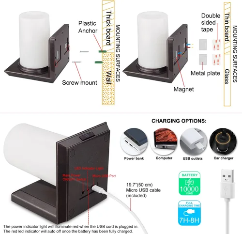 Vista 6 de HONWELL Lámpara de pared LED con batería para interiores, multicolor, aplique de pared para iluminación de habitación, luces de palo para hotel