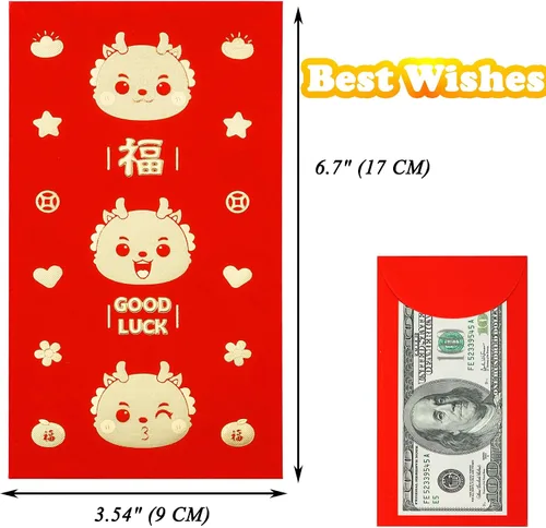 Vista 4 de Sobres rojos de la suerte de año nuevo chino, sobres de dinero de regalo 2024, Dragon Year Hong Bao, festival de primavera, cumpleaños boda, 36