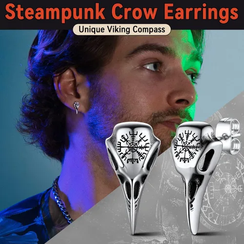 Vista 4 de FaithHeart Viking Raven Earrings for Men Sturdy Stainless Steel Punk Rock Earrings Lightweight Hypoallergenic Ear Jewelry with Gift Box