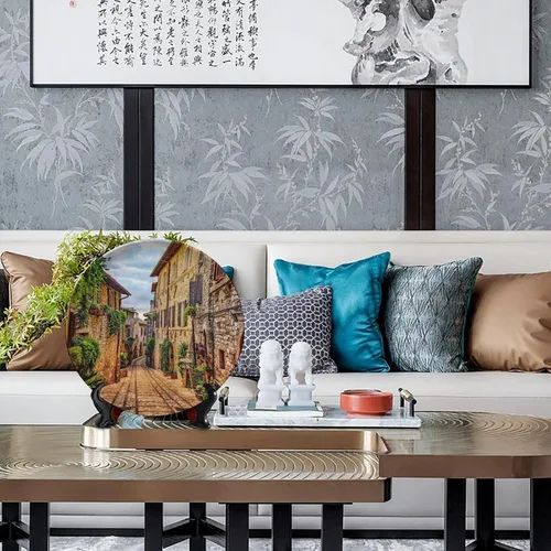 Vista 4 de Plato decorativo colgante de cerámica con temática de paisaje, plato decorativo redondo de plantas en maceta, con soporte decorativo, para sala