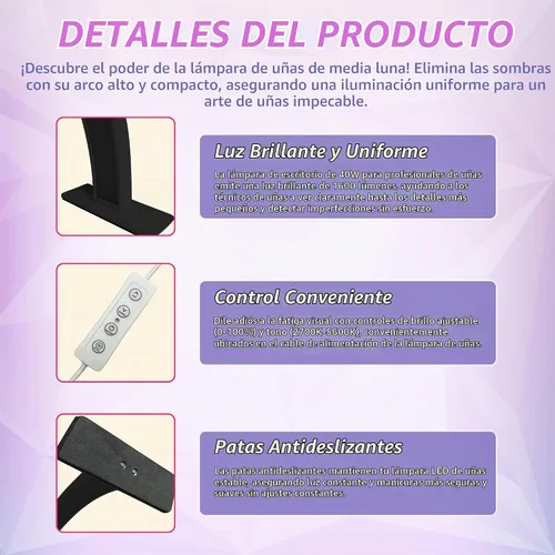 Vista 3 de Lámpara de media luna para escritorio de uñas, 2000 lúmenes, lámpara de mesa de aluminio, color negro