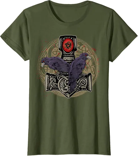 Vista 59 de Thors Hammer Mjolnir Huginn and Muninn Odin Raven - Camiseta, Negro, S
