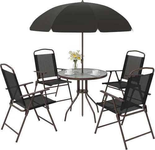 Vista 11 de Outsunny Juego de comedor de patio de 6 piezas para 4 personas con paraguas Beige