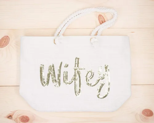 Vista 5 de ELEGANTPARK Bolsa de yute con bolsillo interior de lentejuelas doradas, regalo para novia, luna de miel, boda, playa, bolsa de yute con lentejuelas