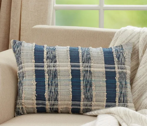 Vista 4 de SARO LIFESTYLE Maximus Collection - Funda de almohada de algodón tejida a rayas, 16 x 24 pulgadas, color azul