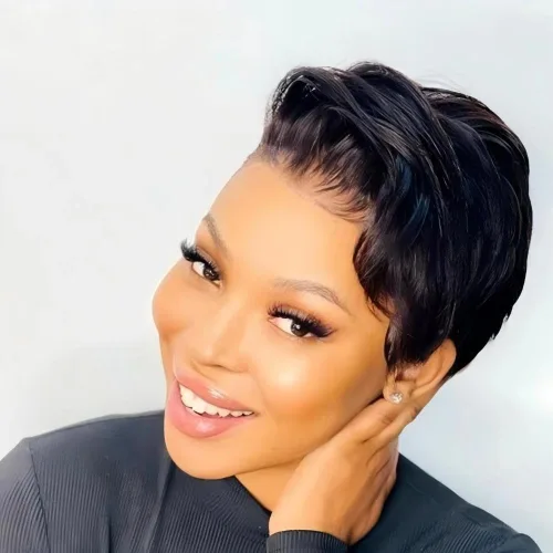 Vista 4 de Peluca de cabello humano corto con encaje frontal para mujeres negras, peluca de corte Pixie, peluca de encaje previamente despuntada en T