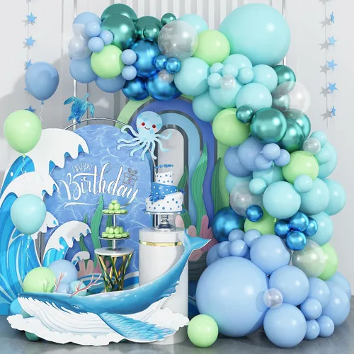 Vista 7 de Kit de arco de globos Dagelar azul morado, guirnalda de globos de cumpleaños de copo de nieve con globo de confeti plateado, globos de tema invernal