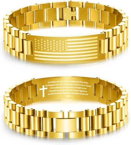 Vista 15 de P. BLAKE Pulsera con versículo bíblico de la bandera estadounidense para hombres, pulsera de acero inoxidable grabada de las Escrituras, religiosa