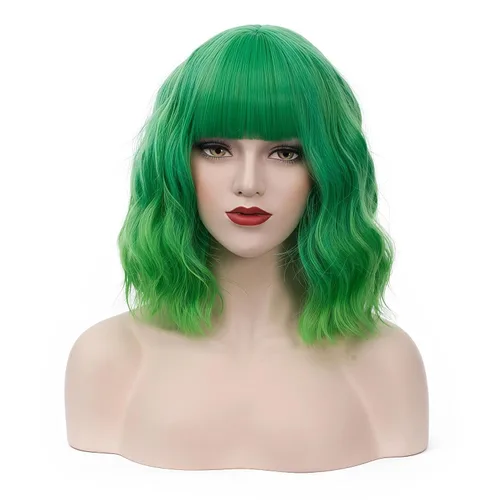 Vista 24 de BUFASHION Peluca rizada corta ondulada de 14 pulgadas para mujer, peluca sintética para cosplay, Halloween, peluca con flequillo lateral (negro)
