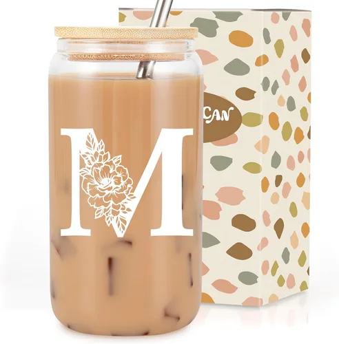 Vista 30 de Taza de Vidrio Inicial Coolife, Regalos Personalizados para Mujeres, Tazas de Vidrio de 16 oz con Tapas y Popotes, Taza para Café Helado, Licuado