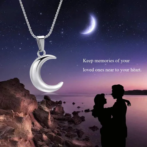 Vista 2 de Imrsanl Joyería de cremación para cenizas, collar de urna de luna, medallón conmemorativo de acero inoxidable, joyería de recuerdo para cenizas