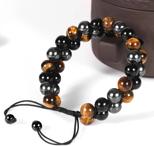 Vista 6 de Denchy Triple Protection Bracelet, Tigers Eye - Black Obsidian and Hematite Beaded Bracelets for Men Women, Tourmaline Spiritual Natural Crystal