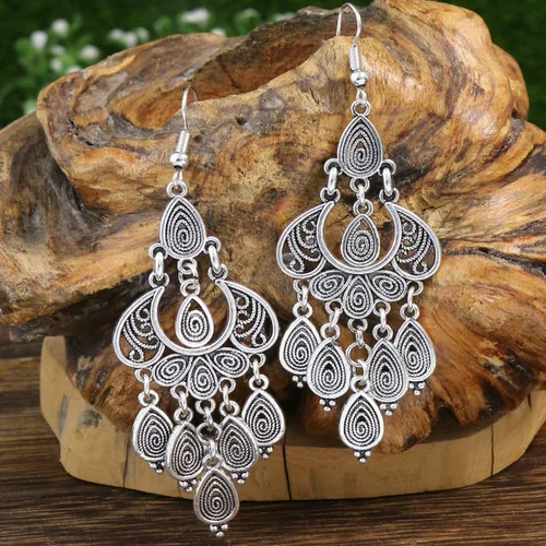 Vista 5 de Pendientes colgantes únicos de estilo bohemio vintage con diseño de lágrima de bronce para mujer