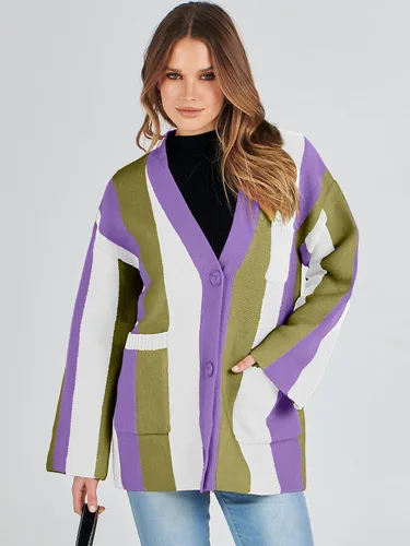 Vista 7 de ANRABESS Cárdigan de punto trenzado para mujer, manga larga, frente abierto, bloque de color, estilo bohemio, a rayas, abrigos para exteriores