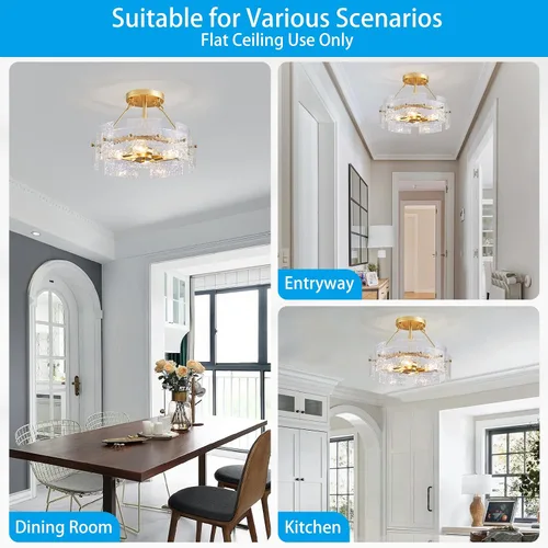 Vista 6 de XINGQI - Lámpara moderna de techo dorado de 16 pulgadas, 4 luces de techo de vidrio ondulado de agua para dormitorio, comedor, sala de estar 15.7