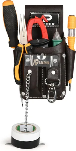 Vista 2 de Ap-Leather Pro-5 Electrician Pouch, Leather Tool Pouch, 5 Pocket Pouch with Electrical Tape Holder, Durable Compartments, Tool Pouch with Belt Clip