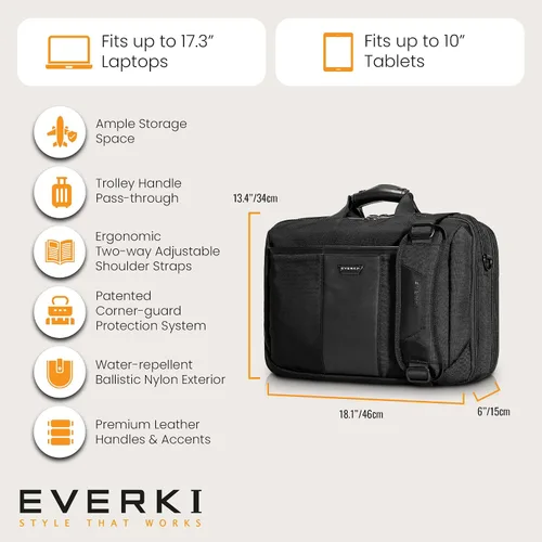 Vista 6 de EVERKI Versa - Maletín para laptop para hombres y mujeres, color negro - 17.3 pulgadas Premium Leather Ballistic Nylon, Heavy-Duty