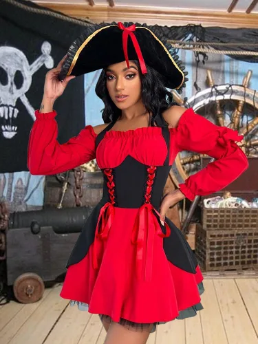 Vista 6 de Disfraz sexy de pirata de Halloween para mujer, 3 piezas de vestido de capitán