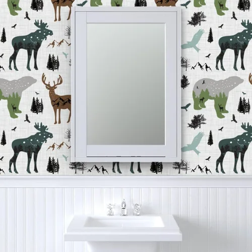 Vista 9 de Spoonflower Papel tapiz para despegar y pegar, diseño de animales del bosque ártico, bosque, montañas de Alaska, aventura, oso, alce, papel tapiz