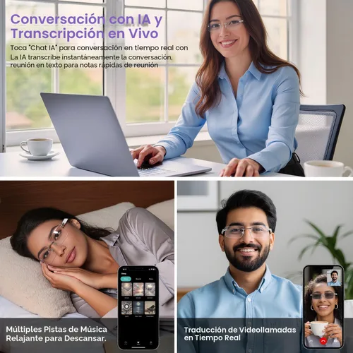 Vista 6 de Gafas de Traducción con IA, Gafas Bluetooth con Traductor en Tiempo Real para 164 Idiomas, Gafas Bluetooth Fotocromáticas con Bisagra de Resorte