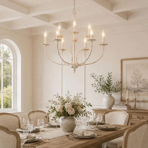 Vista 2 de Maxax Candelabro de Campo Francés, Candelabro de Granja Blanco Antiguo de 2 Niveles y 9 Luces, Accesorios de Lámpara Colgante de Vela Rústica de 31