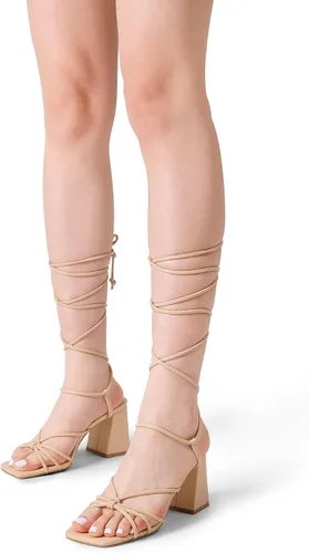 Vista 5 de DREAM PAIRS Sandalias de tacón alto con cordones para mujer, tacón alto cuadrado y puntera abierta, sandalias gruesas para fiestas, viajes y citas