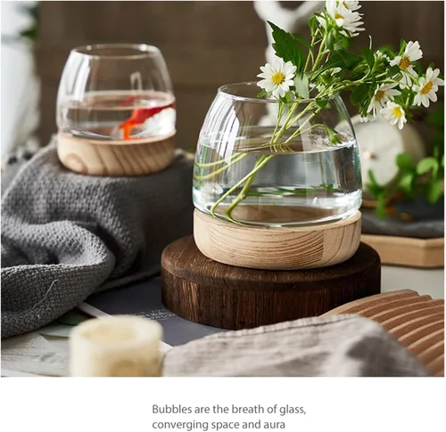 Vista 8 de Jarrón de cristal con base de madera desmontable, pequeña planta hidropónica de escritorio, terrario ecológico para acuario, florero para peces